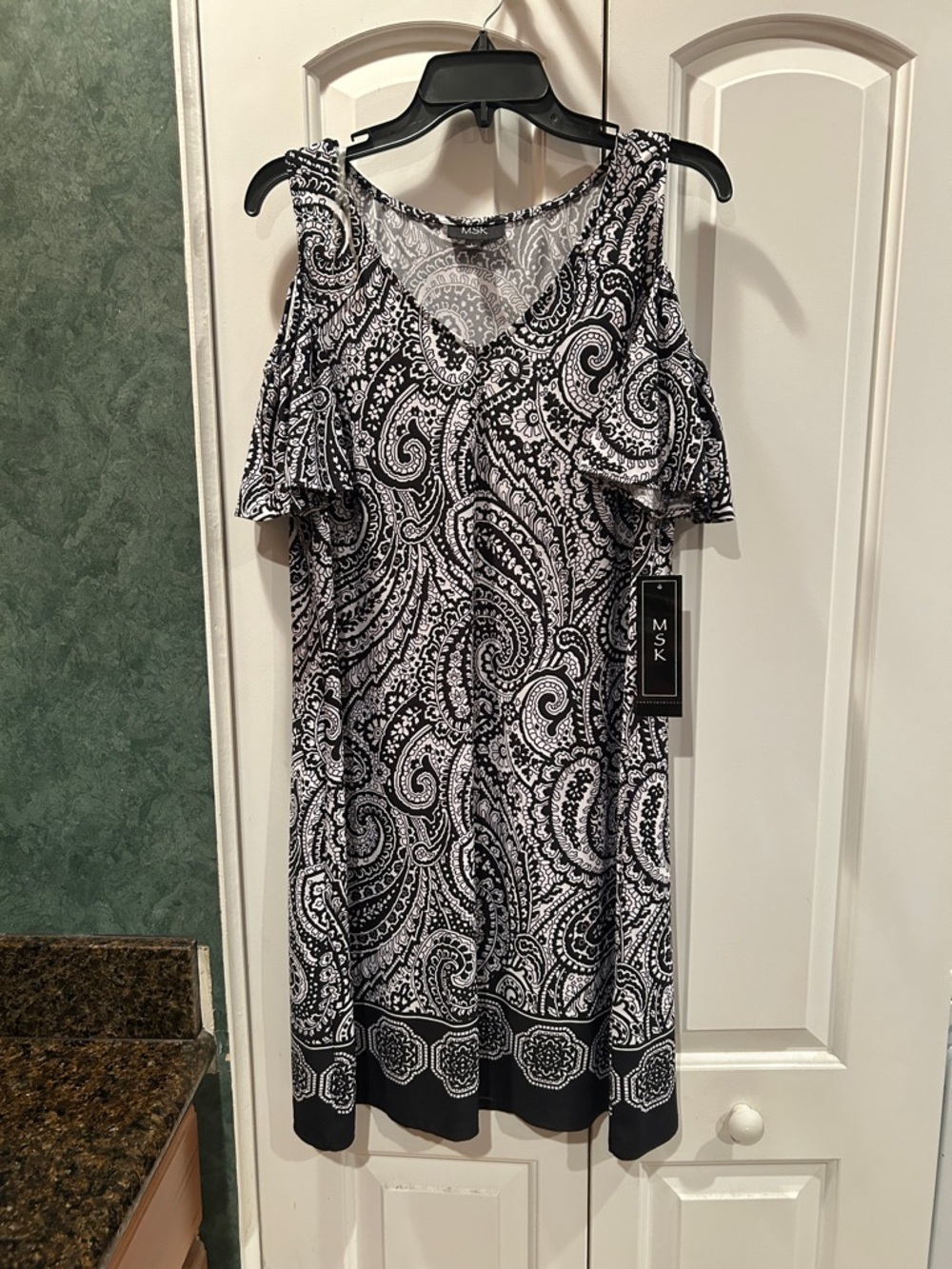MSK Black & White Paisley Cold-Shoulder Dress with Border Hem
